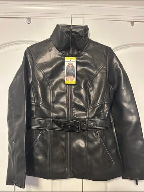 Kenneth Cole Black Faux Leather Belted Moto Jacket